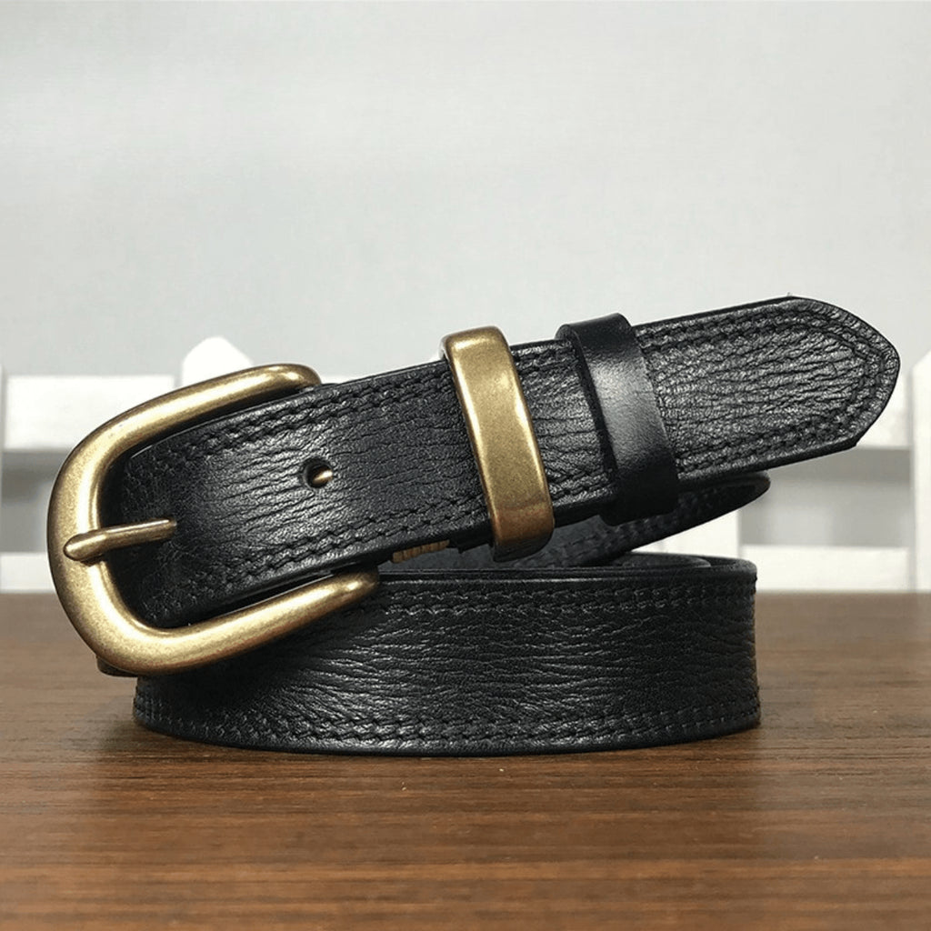 WAAMII Vintage Full Grain Leather Belt – Timeless Brass Buckle Jeans Belt for Women