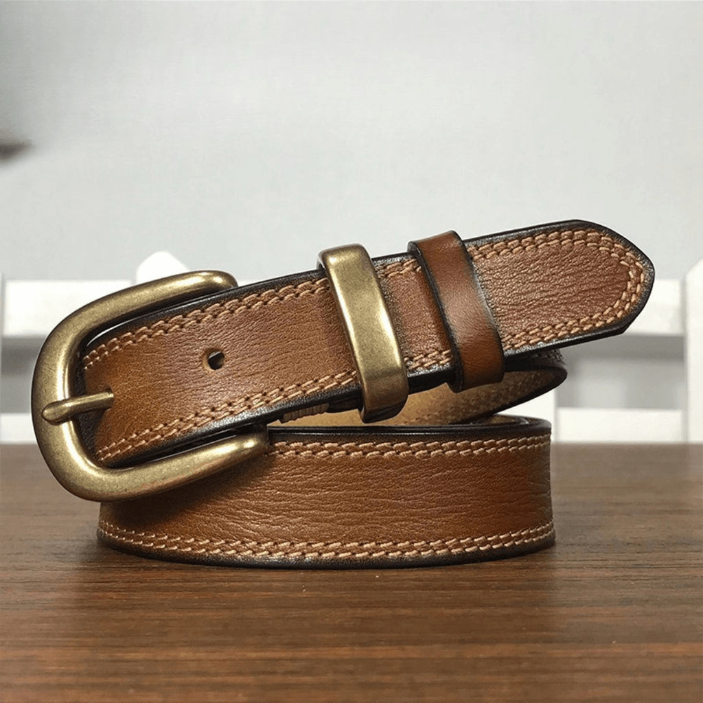 WAAMII Vintage Full Grain Leather Belt – Timeless Brass Buckle Jeans Belt for Women