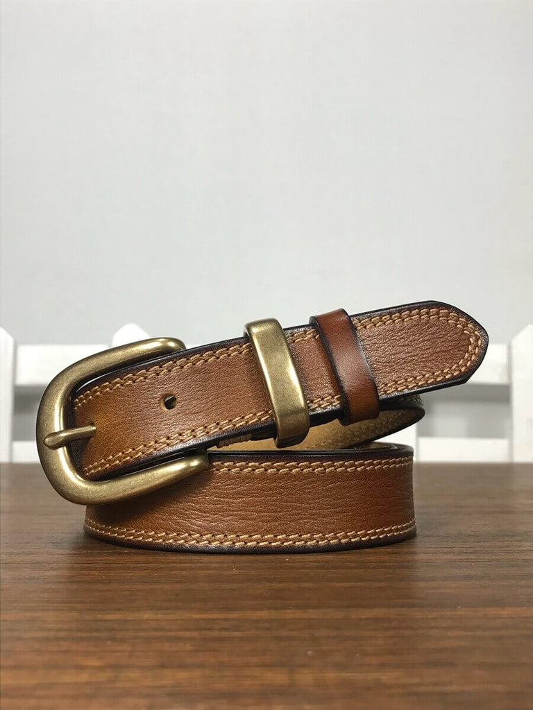 WAAMII Vintage Full Grain Leather Belt – Timeless Brass Buckle Jeans Belt for Women
