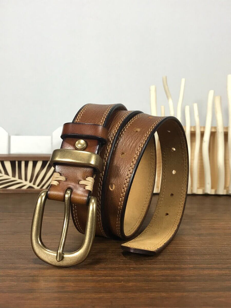 WAAMII Vintage Full Grain Leather Belt – Timeless Brass Buckle Jeans Belt for Women
