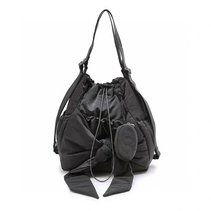 Bowknot Drawstring Embroidered Backpack 2-in-1 Shoulder Bag in Dark Gray Large - WAAMII