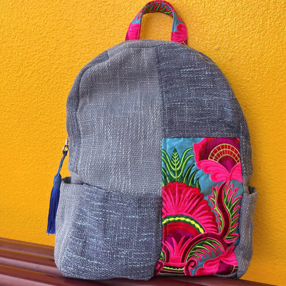 Ethnic Embroidered Colorblock Cotton Linen Backpack - 详情-14 view - WAAMII