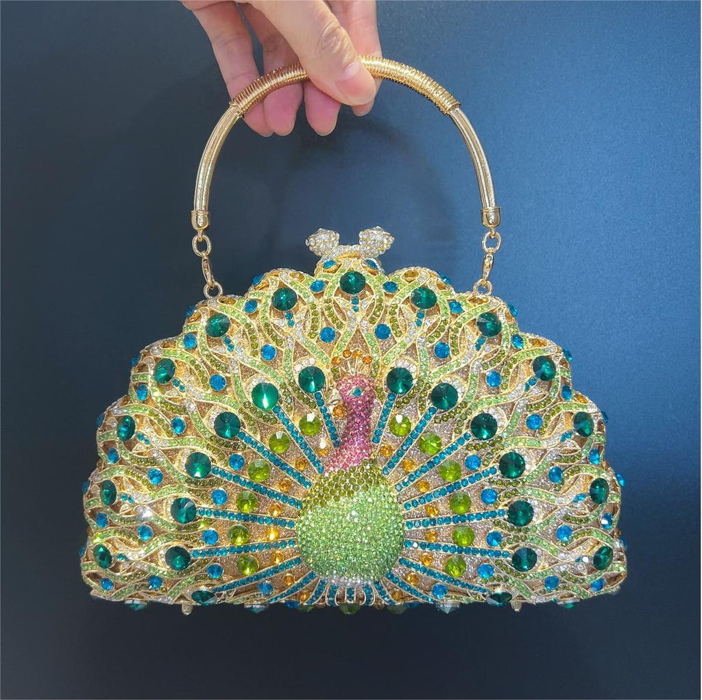 Minaudière en cristal paon avec poignée 
