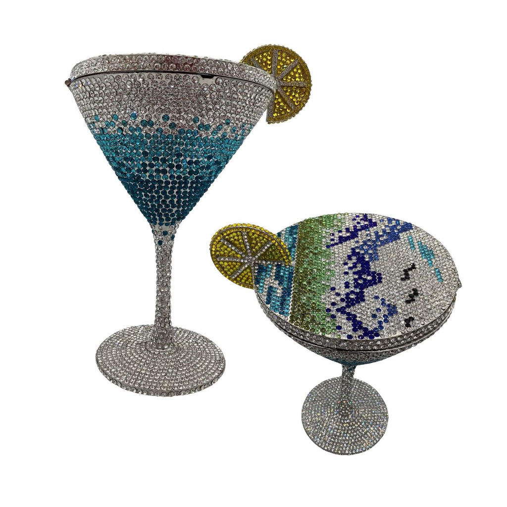 CrystaTini Stemmed Cocktail Clutch with Lemon Slice & Mirror Lid in Green Mountains and Blue Waters - WAAMII