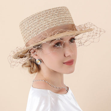 Handwoven Raffia Straw Bucket Hat with Veil