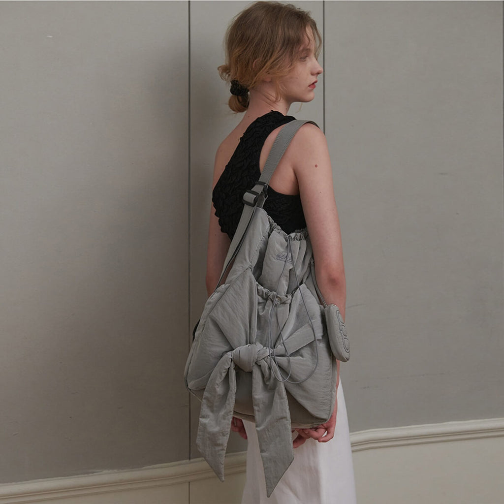 Bowknot Drawstring Embroidered Backpack 2-in-1 Shoulder Bag in Gray Large - WAAMII