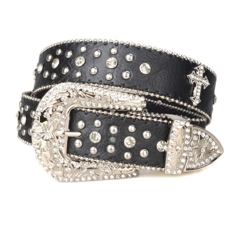GothGlow Crystal Cross Leather Belt-Black | WAAMII