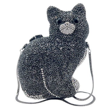 Sparkle Meow Kitty Rhinestone Clutch Purse in Black with White Nose - WAAMII