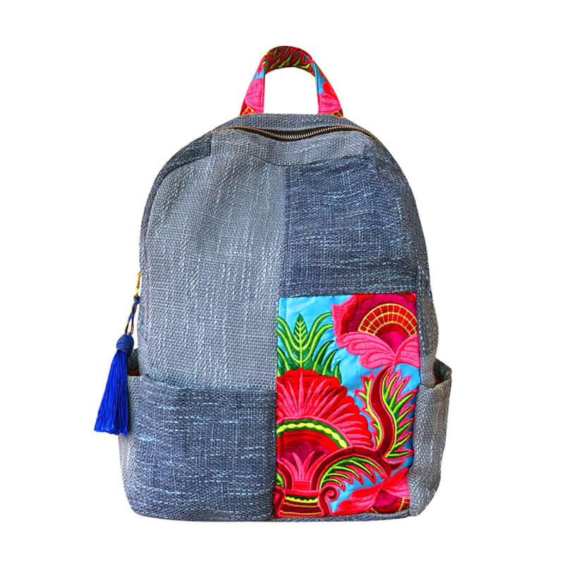 Ethnic Embroidered Colorblock Cotton Linen Backpack - Main product view (7) - WAAMII