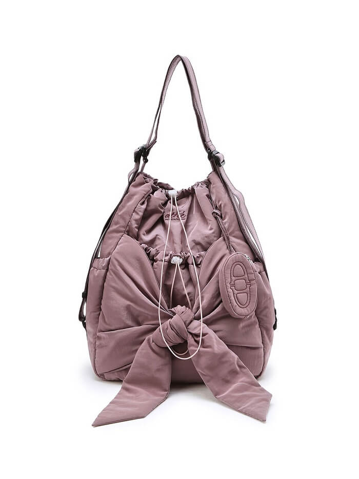 Bowknot Drawstring Embroidered Backpack 2-in-1 Shoulder Bag in Pink Small - WAAMII