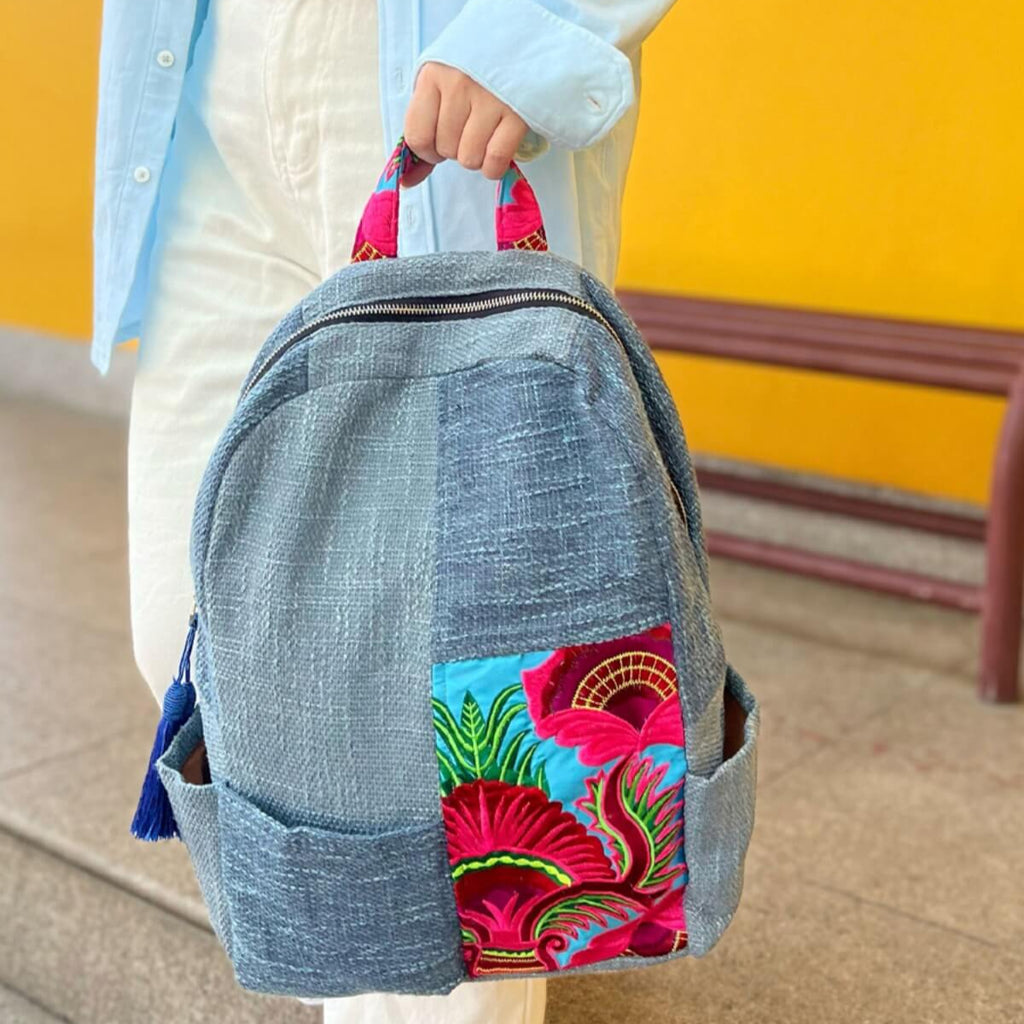 Ethnic Embroidered Colorblock Cotton Linen Backpack - Front view (4) - WAAMII
