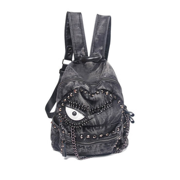 Black Denim Studded Chain Punk Backpack - Main product view (1) - WAAMII