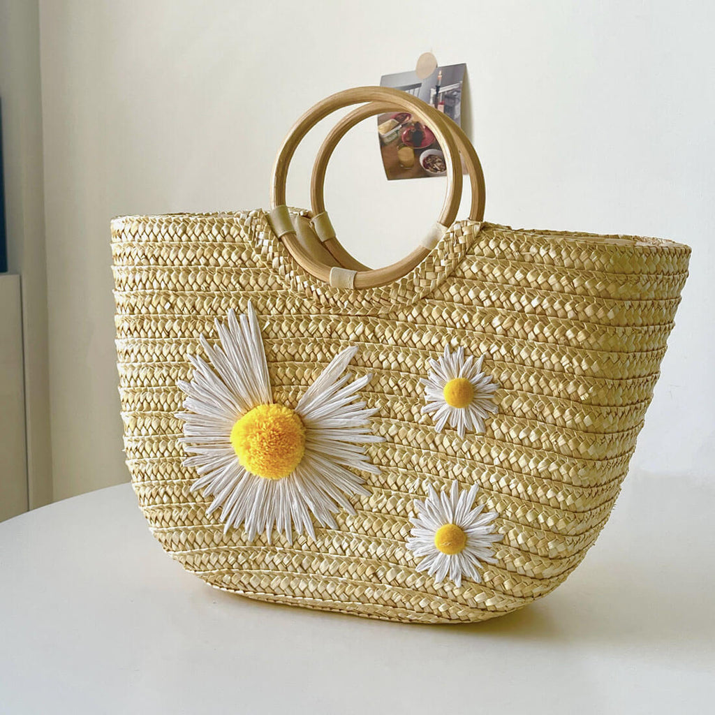 Stella Ring Handle Woven Straw Daisy Clutch - - Luxury bags by WAAMII