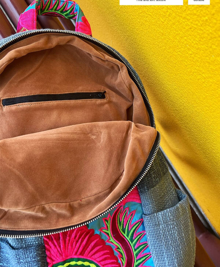 Ethnic Embroidered Colorblock Cotton Linen Backpack - 详情-16 view - WAAMII