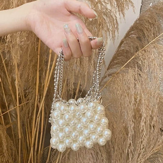 Handmade Beaded Mini Crossbody Bag – Pearl & Crystal Lipstick Purse