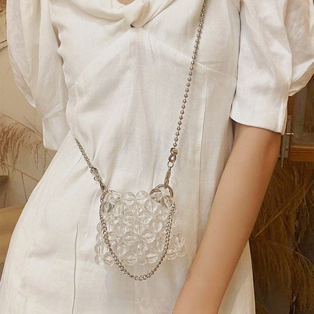 Handmade Beaded Mini Crossbody Bag – Pearl & Crystal Lipstick Purse