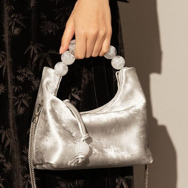 Classic Leather Dumpling Bag with Beaded Handle