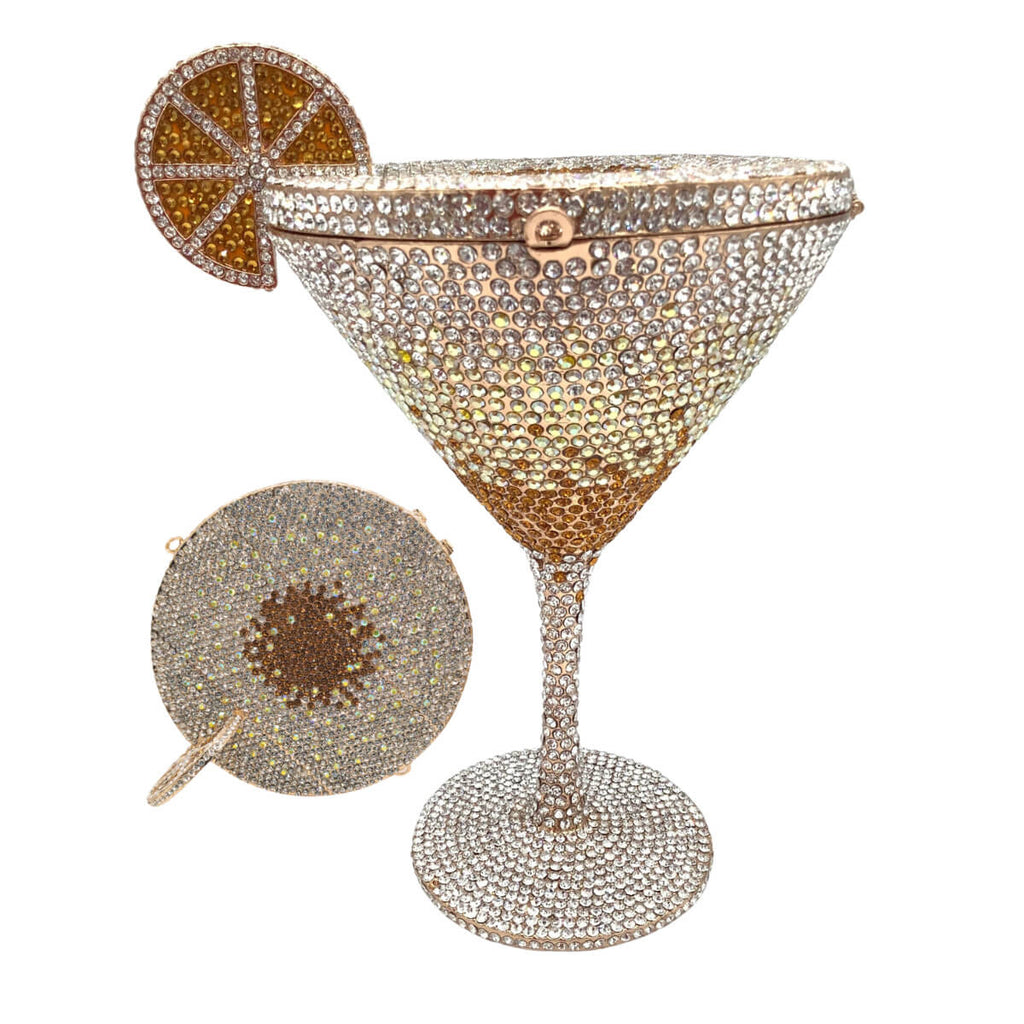 CrystaTini Stemmed Cocktail Clutch with Lemon Slice & Mirror Lid in Gin Fizz - WAAMII