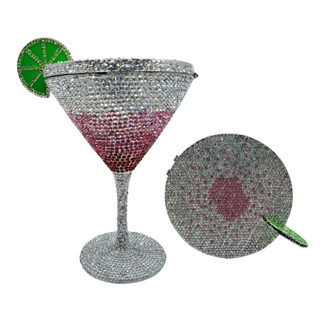 CrystaTini Stemmed Cocktail Clutch with Lemon Slice & Mirror Lid in Pink Lady Silver Interior - WAAMII