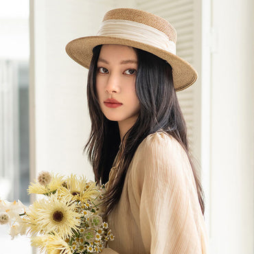 Elegant Flat Top Straw Boater Hat for Women