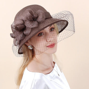 Coffee Sinamay summer derby hat with flower accents and veil