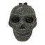grey skull-shaped clutch bag with rhinestone embellishments on a white background
