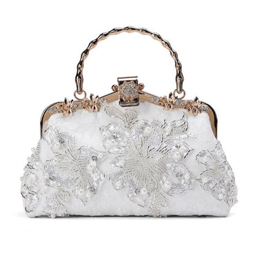 Pearl White Handcrafted Beaded Satin Clip Clutch