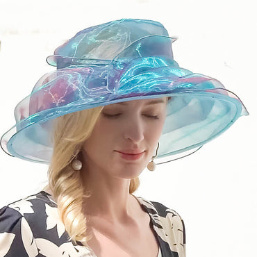 Model Looking Down Wearing Gradient Blue Wide Brim Sun Hat