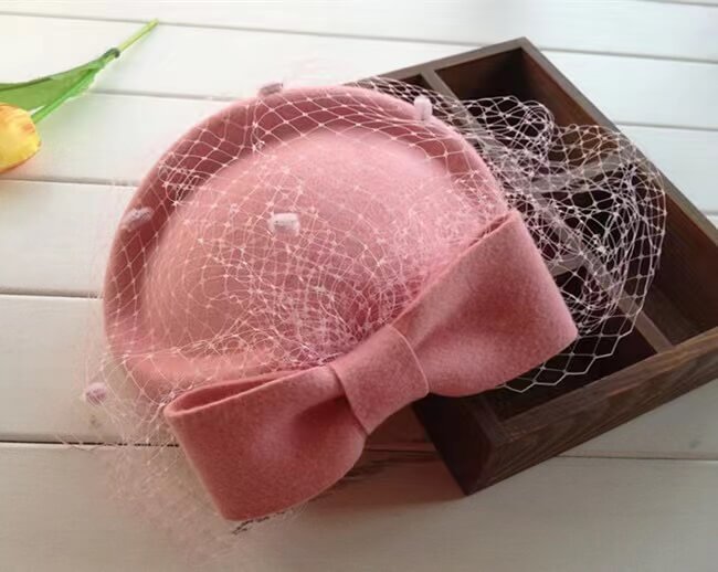 100% Wool Pillbox Hat Fedora With Black Veil Bowknot Fascinators For Women Accessories WAAMII   