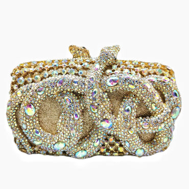 Python Rectangular Snake Bejeweled Clutch - Gold AB with snake head closure - WAAMII - (gold-ab-with-snake-head-closure)