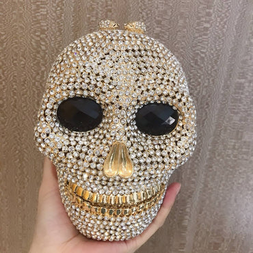 Ravena Skull Rhinestone Clutch Purse - Gold base clear-diamond - WAAMII - (gold-base-clear-diamond)