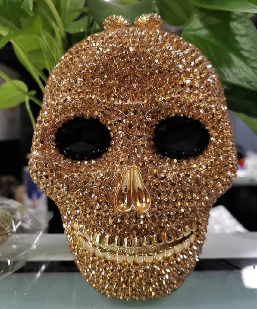 Ravena Skull Rhinestone Clutch Purse - Gold base gold-diamond - WAAMII - (gold-base-gold-diamond)