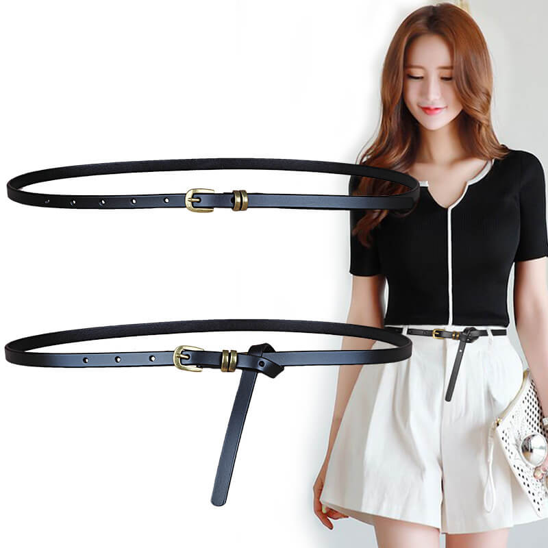 Vintage Gold Buckle Thin Leather Belt for Women – Dress & Skirt Accessory