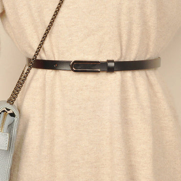 Elegant Thin Leather Belt with Silver U Buckle