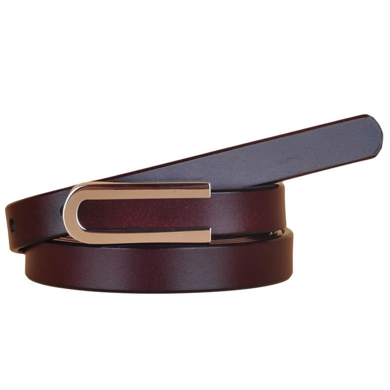 Elegant Thin Leather Belt with Silver U Buckle