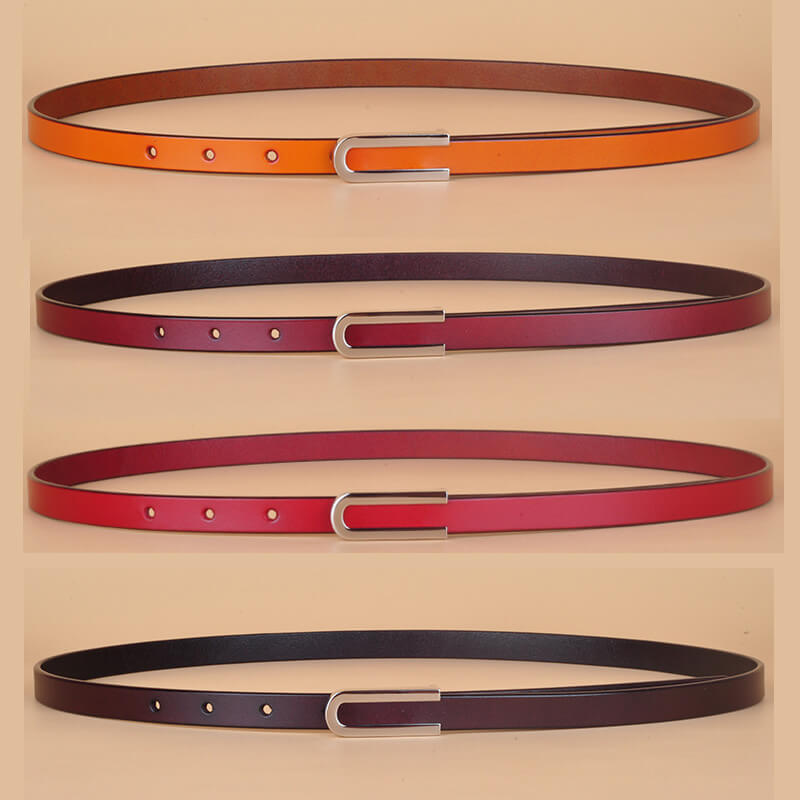 Elegant Thin Leather Belt with Silver U Buckle
