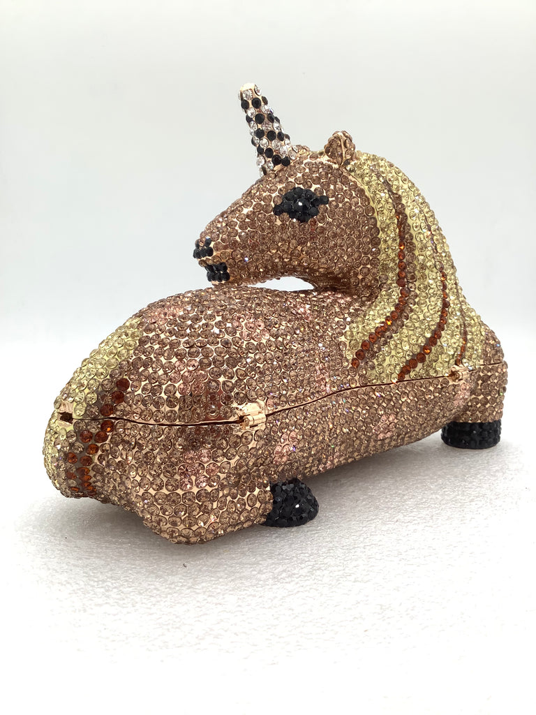 Pochette licorne en cristal doré 