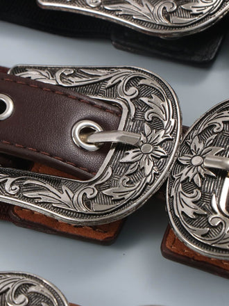 Wide Waist Belt with Vintage Engraved Buckles