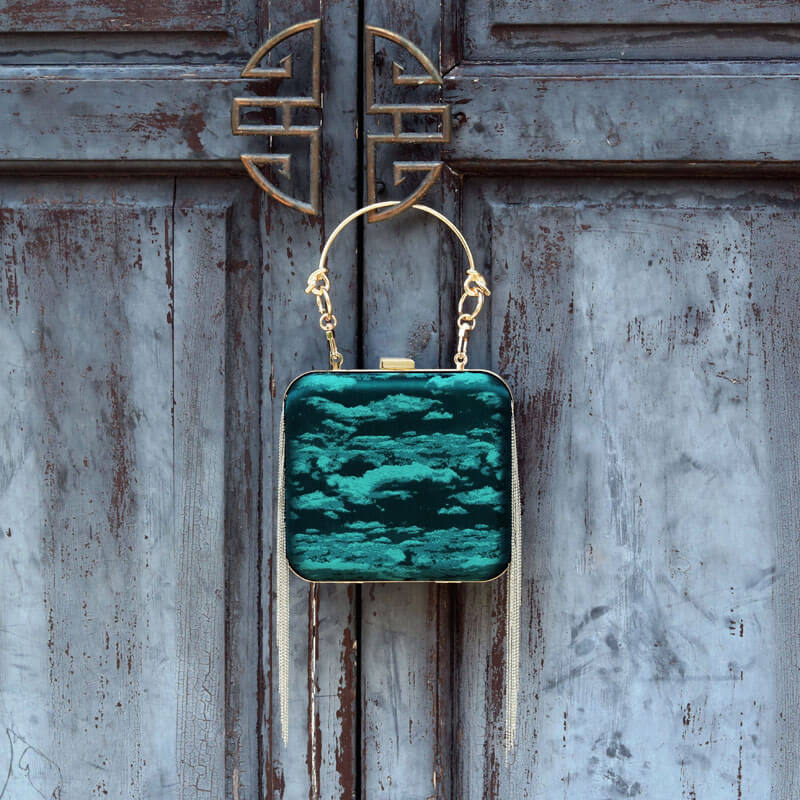 Designer Bag Golden Tone Cloud Mini Satin Box Clutch-Dark Green bags WAAMII   