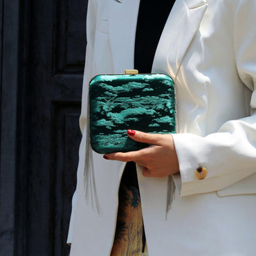 Designer Bag Golden Tone Cloud Mini Satin Box Clutch-Dark Green - - Luxury bags by WAAMII