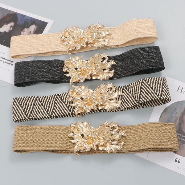 Wide Elastic Waist Belt for Women with Gold Floral Buckle WAAMII Wide Elastic Waist Belt for Women with Gold Floral Buckle WAAMII