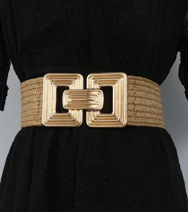 Wide Elastic Waist Belt for Women with Metal Square Buckle-WG113, Khaki