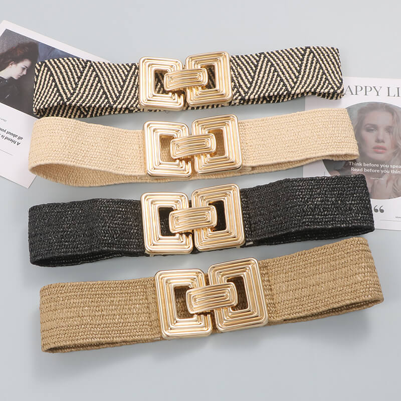 Wide Elastic Waist Belt for Women with Metal Square Buckle-WG113, Beige Wide Elastic Waist Belt for Women with Metal Square Buckle-WG113, Beige