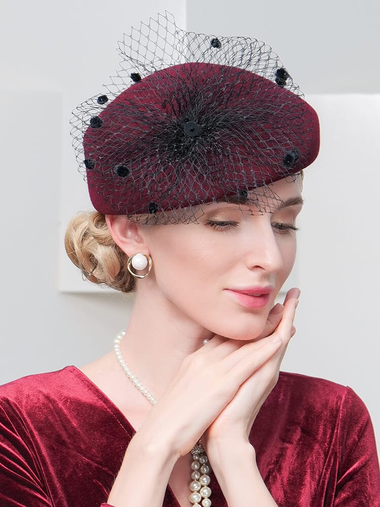 100% Wool Floral Beret Hat With Veil Women's Fascinators Hat Accessories WAAMII   