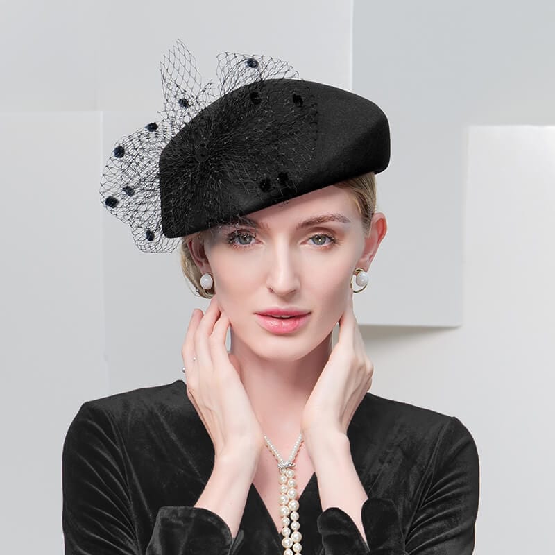 100% Wool Floral Beret Hat with Veil Women's Fascinators Hat, Black
