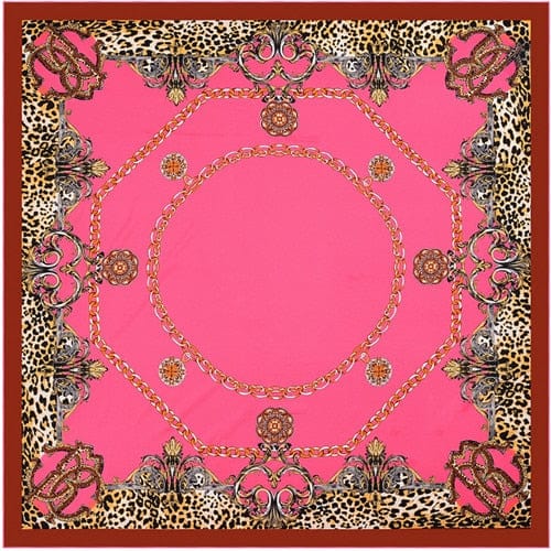 130*130CM 100% Twill Silk Large Square Scarf Leopard Chain Print Head Scarves Wraps Accessories WAAMII Rose  