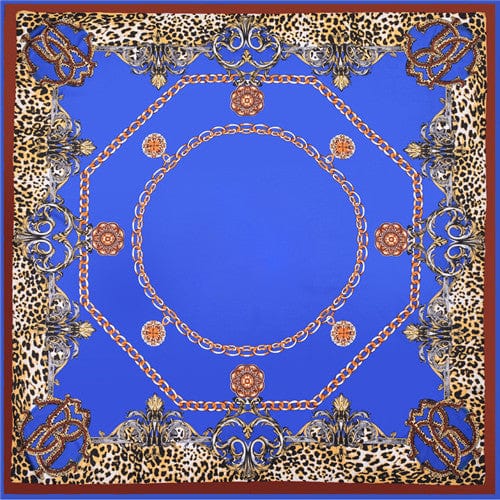 130*130CM 100% Twill Silk Large Square Scarf Leopard Chain Print Head Scarves Wraps Accessories WAAMII Blue  