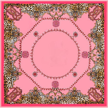 130*130CM 100% Twill Silk Large Square Scarf Leopard Chain Print Head Scarves Wraps - Pink - Luxury Accessories by WAAMII