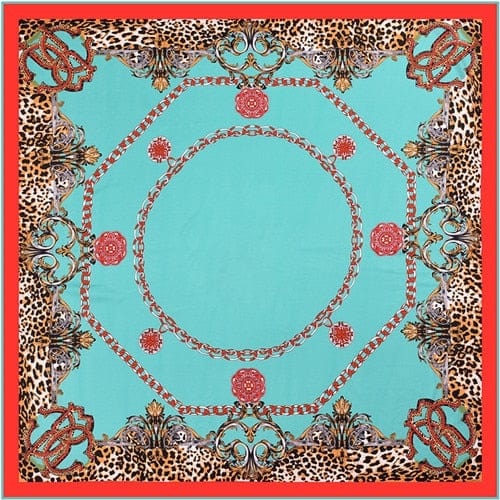 130*130CM 100% Twill Silk Large Square Scarf Leopard Chain Print Head Scarves Wraps Accessories WAAMII Sky Blue  