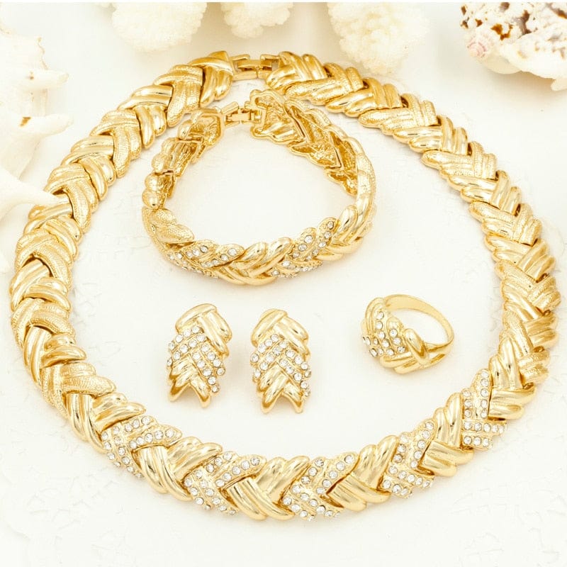 18K Gold Plated Necklace Earrings Ring Gold Jewellery Set For Marriage Jewelry WAAMII   